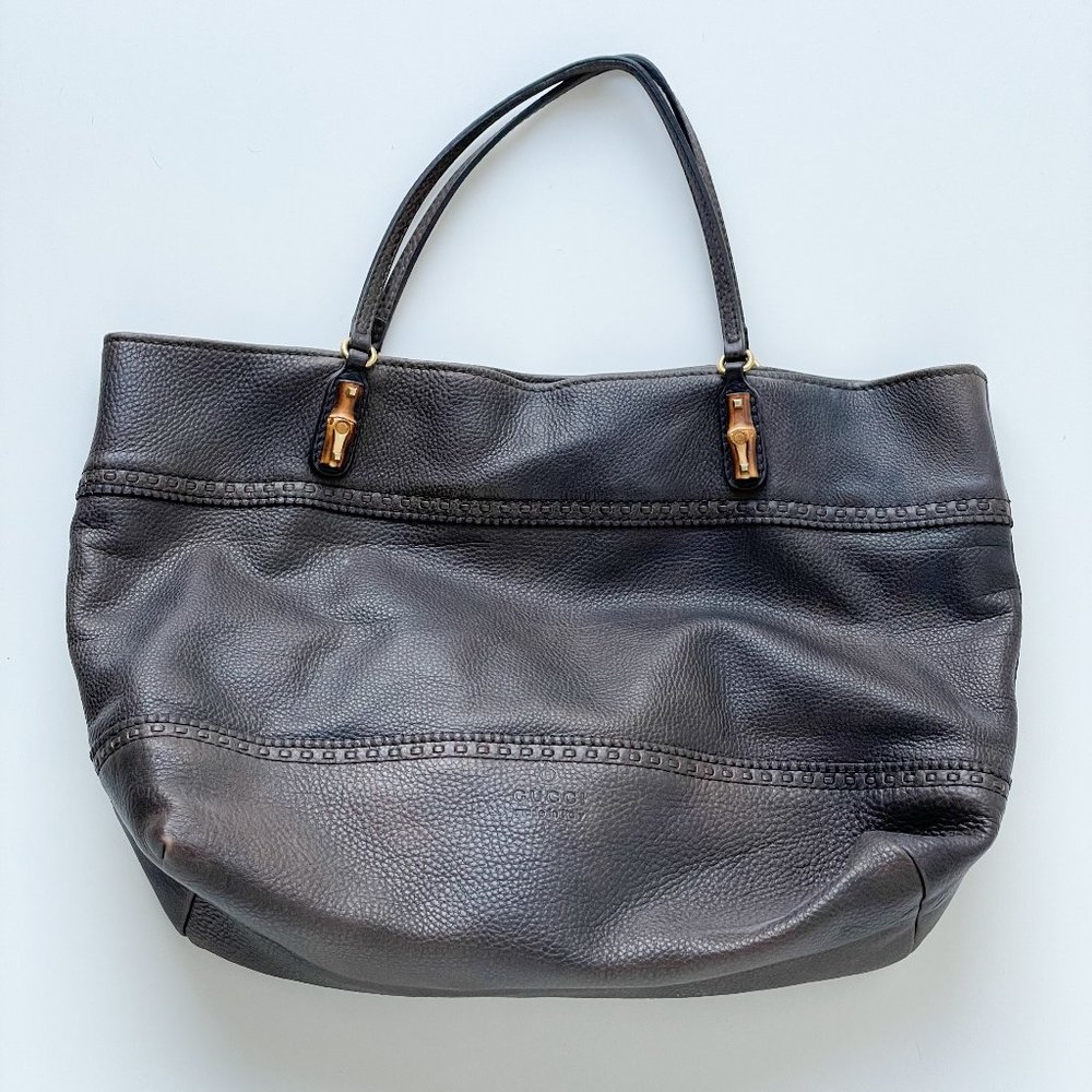 Gucci Brown Pebbled Leather Large Tote with Bamboo Details